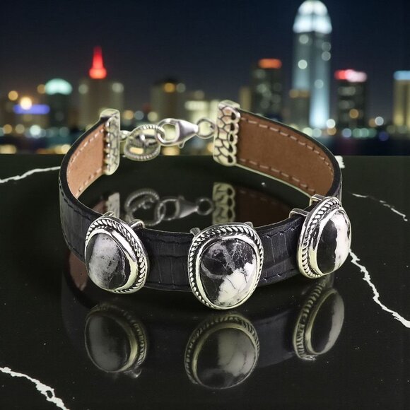 Artisan Crafted ✦ White Buffalo Trilogy Bracelet ✦ Sterling Silver Black Leather - Picture 1 of 4